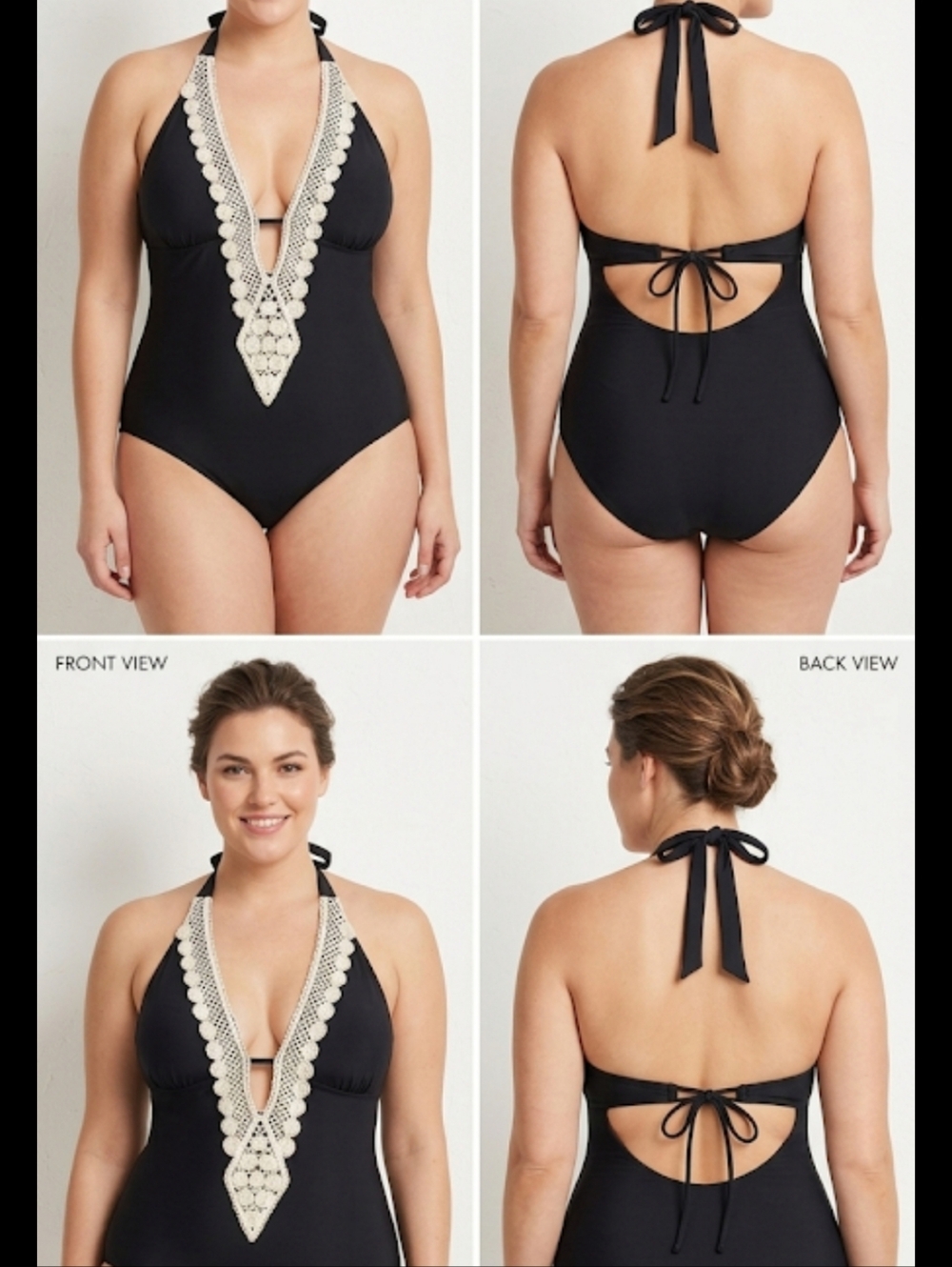 Kona Sol Black One-Piece V-Plunge Swimsuit Size XL w/ Cream Color Crochet Detail